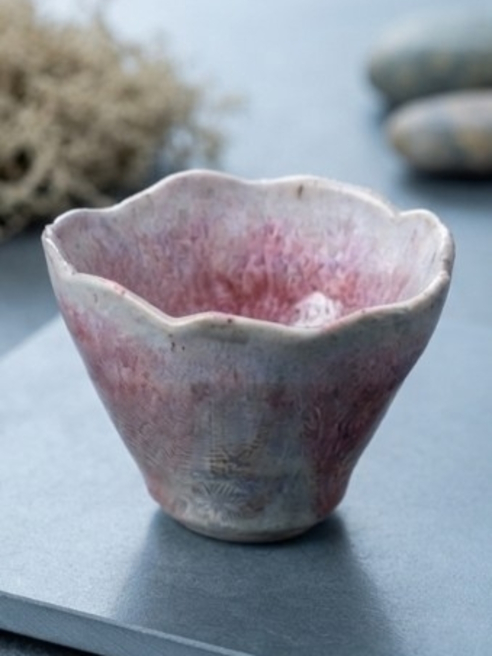 Handmade Studio Pottery Scalloped Bowl Pink Crystal Glaze Trinket Dish